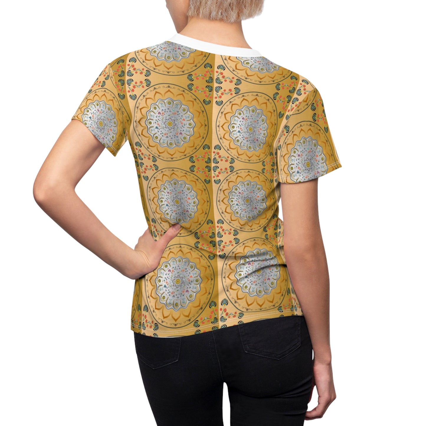 Women's Cut & Sew Tee (AOP) Kukloso Mandala No 139 No 8 Silver on Gold - Free Shipping