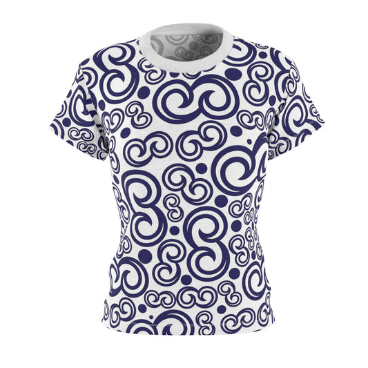 Women's Cut & Sew Tee (AOP) Kukloso Fleurons No 77 No 1 Navy on White - Free Shipping