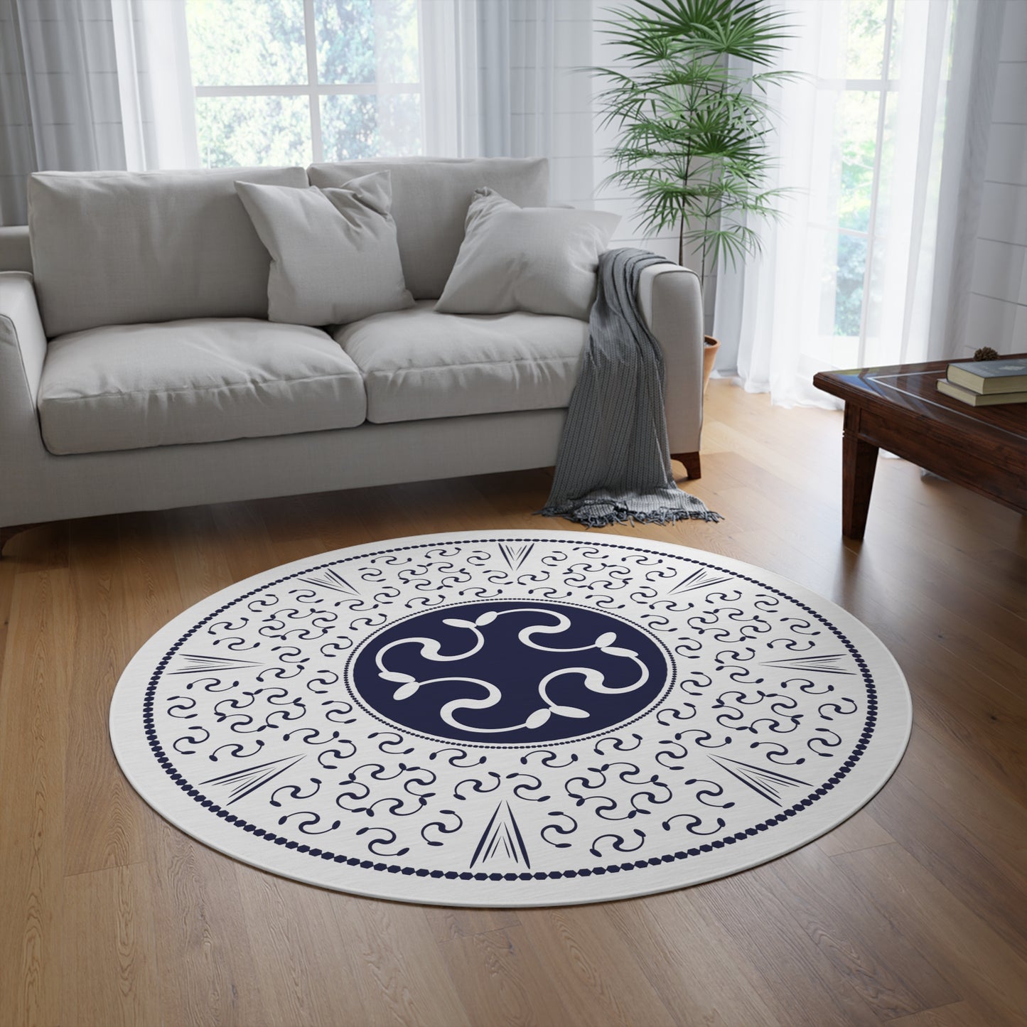 Round Rug Abstractical Mandala Navy Blue on White Free Shipping