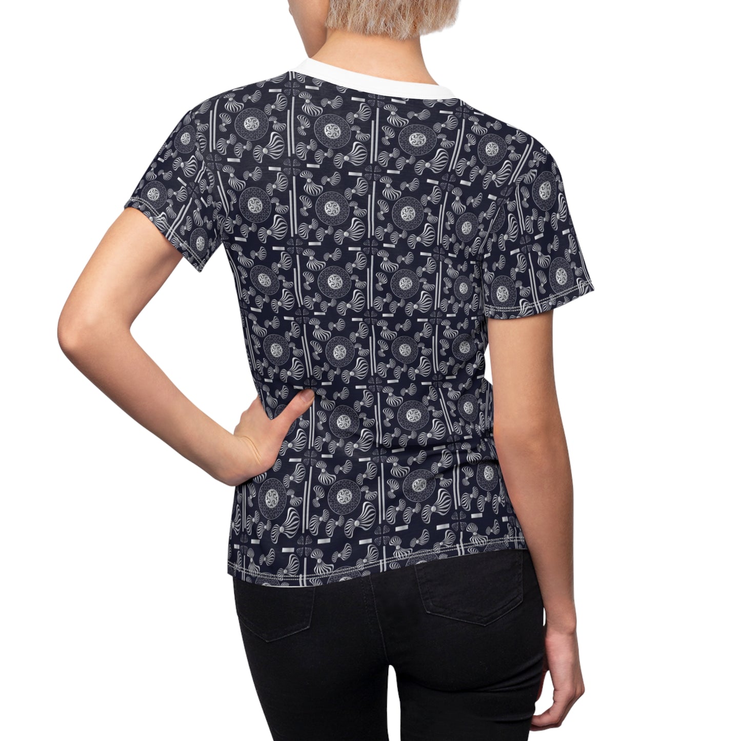 Women's Cut & Sew Tee (AOP) Kukloso Whimsical No 106 Small Silver Mandalas on Navy - Free Shipping