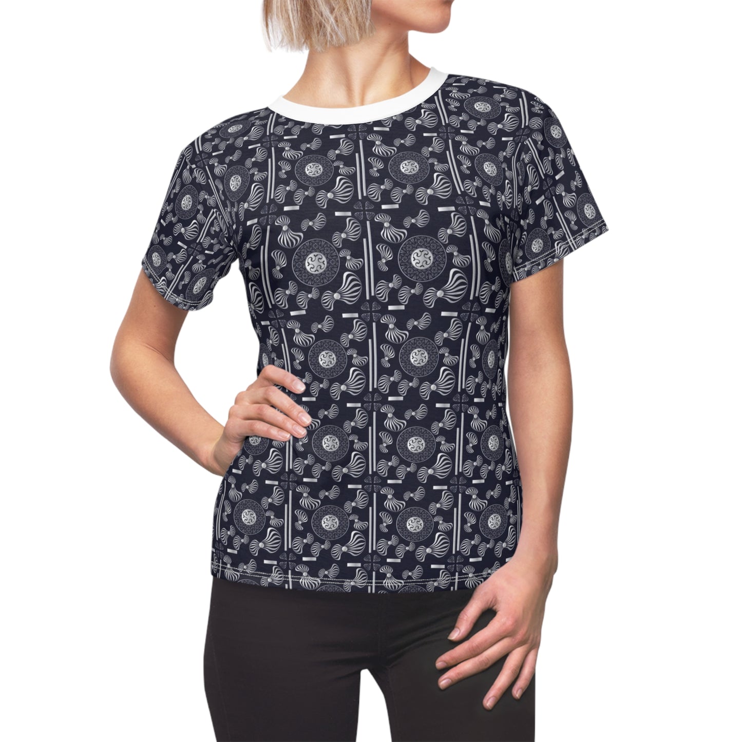 Women's Cut & Sew Tee (AOP) Kukloso Whimsical No 106 Small Silver Mandalas on Navy - Free Shipping