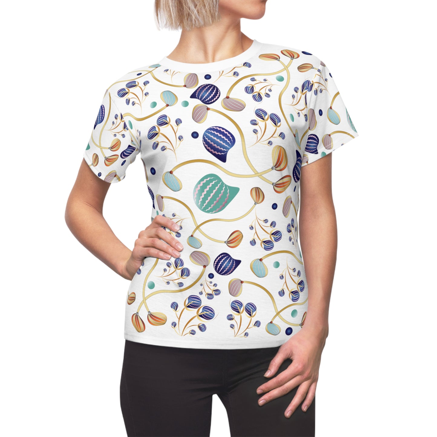 Women's Cut & Sew Tee (AOP) Kukloso Kuklos No 4403 Abstract Shapes Gold, Navy, Aqua - Free Shipping