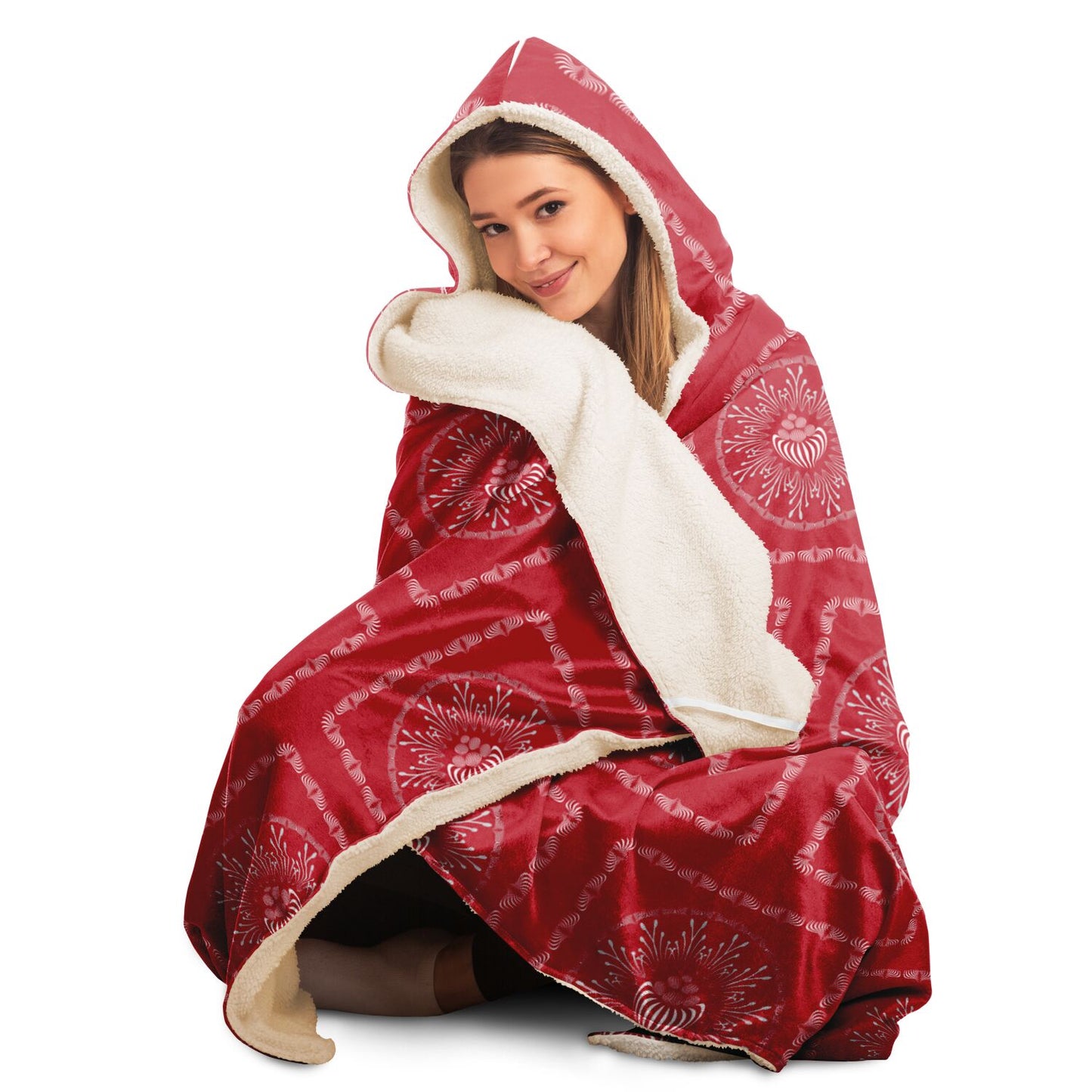 Hooded Blanket - AOP Mandala No 25 White Design on Red