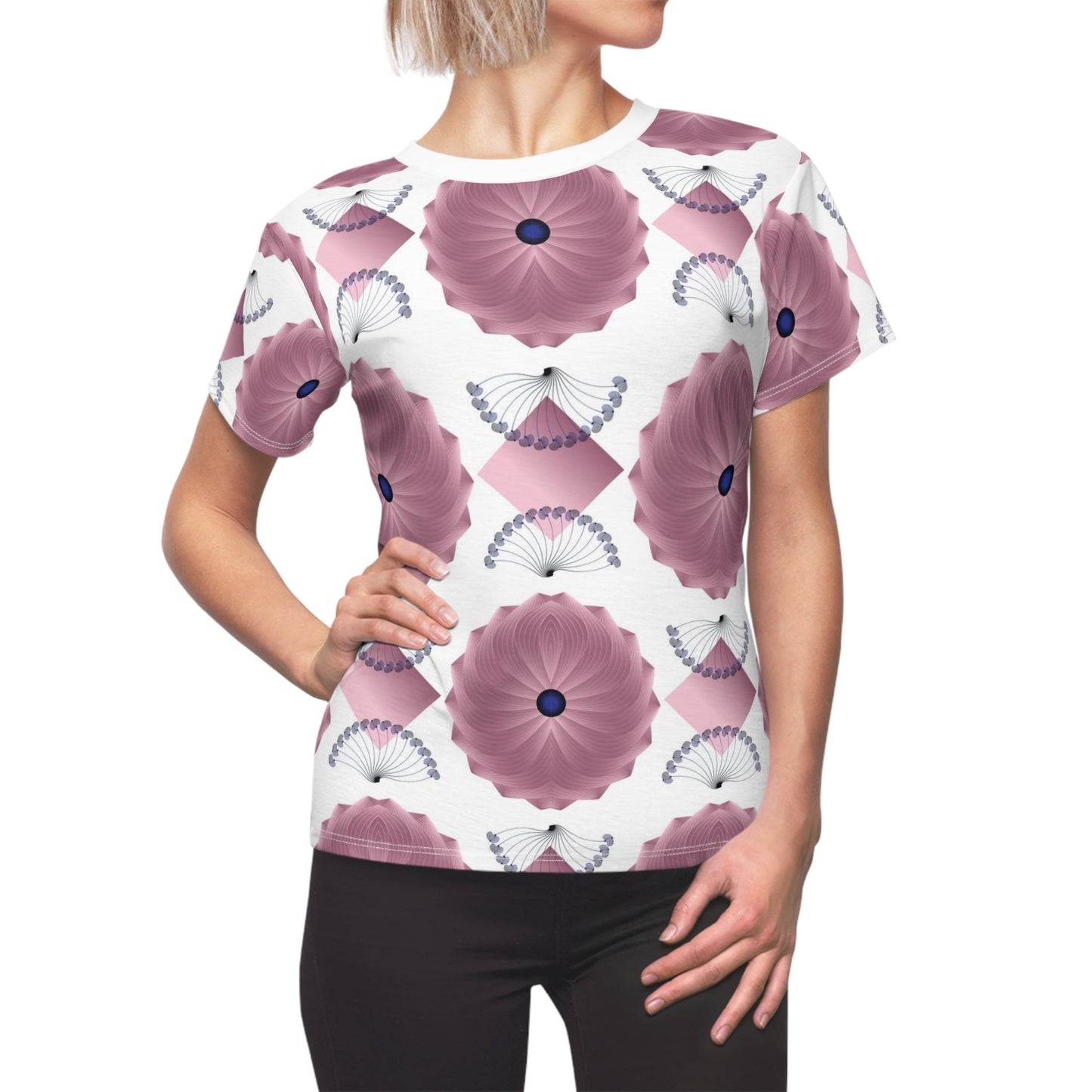 Women's Cut & Sew Tee (AOP) Kukloso AG No 29 No 8 Pink, Navy Shapes on White - Free Shipping