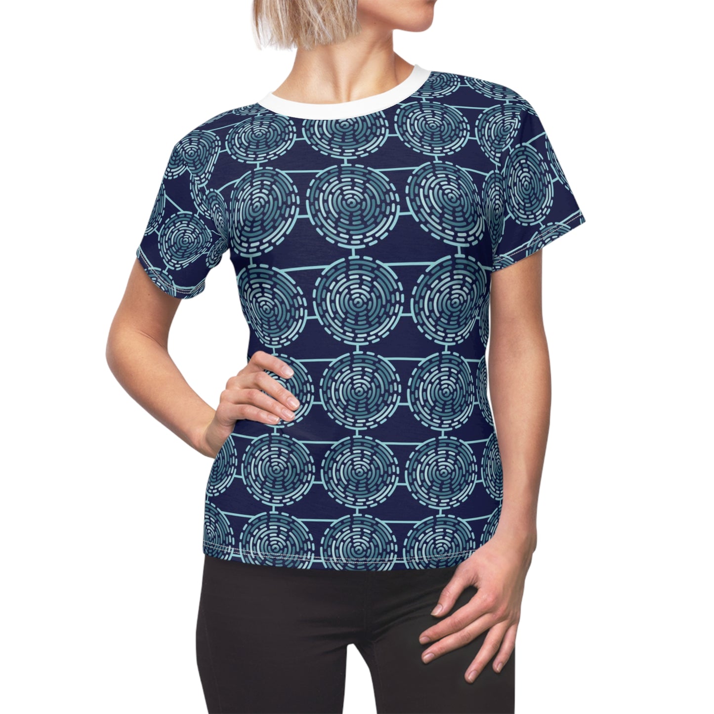 Women's Cut & Sew Tee (AOP) Kukloso Whimsical No 68 Aqua Circles on Navy - Free Shipping