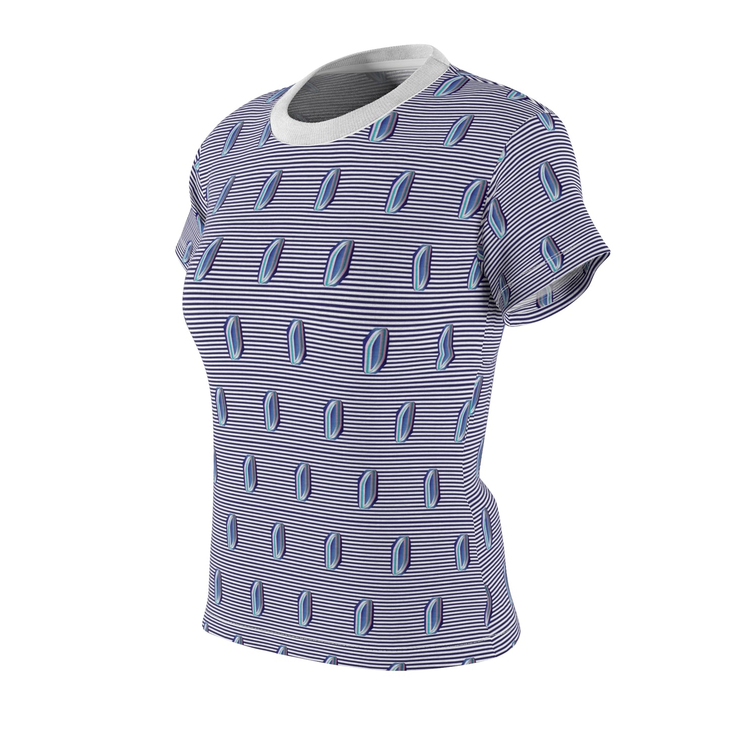 Women's Cut & Sew Tee (AOP) Kukloso Whimsical No 57 Pink & Navy Shapes on Navy Lines - Free Shipping