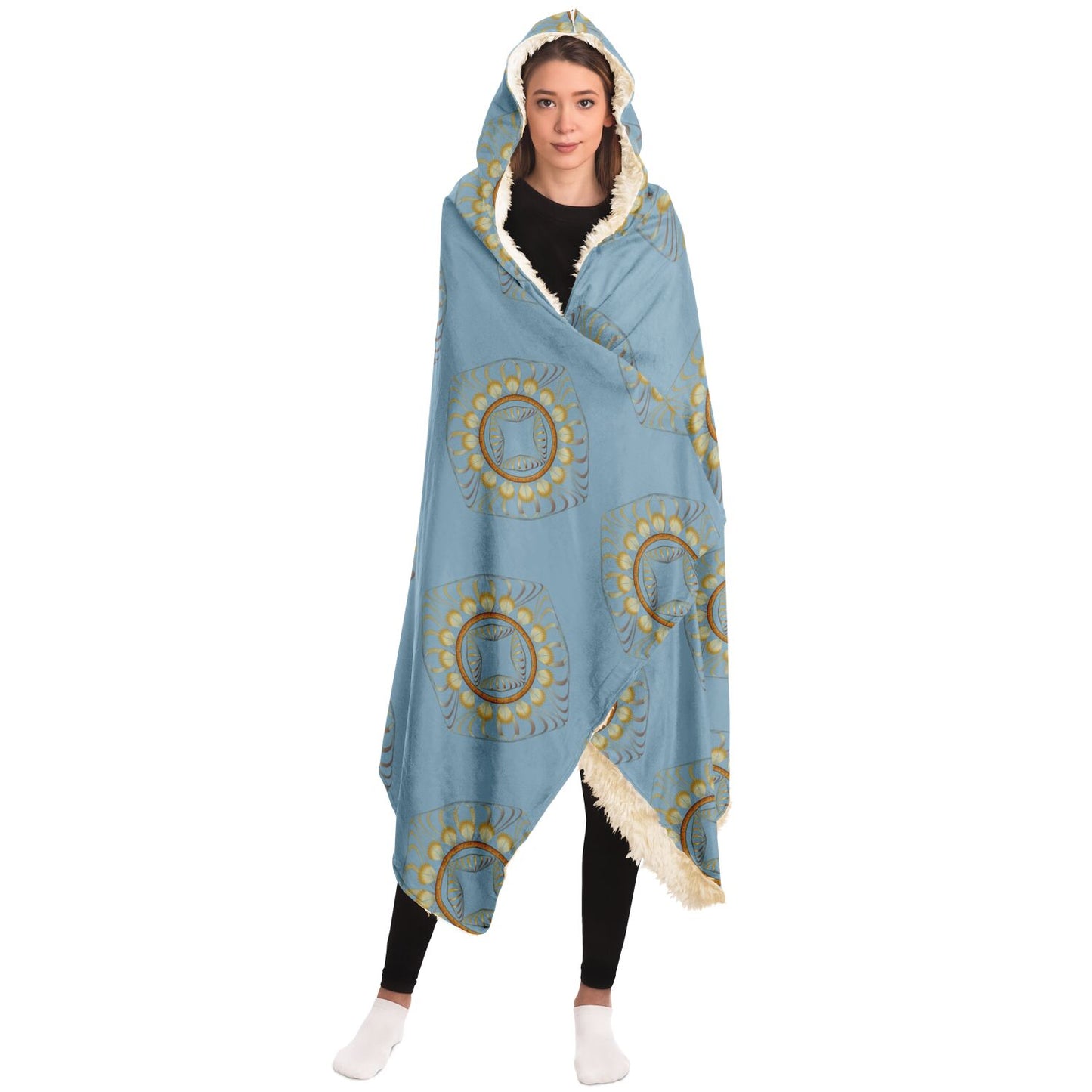 Hooded Blanket - AOP Mandala No 24 Gold on Warm Pale Blue