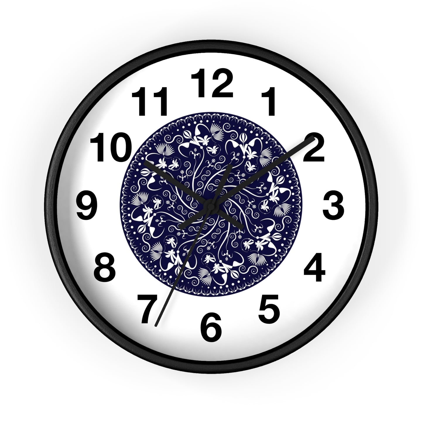 Wall Clock Kukloso Mandala No 155 White Florals on Navy - Free Shipping