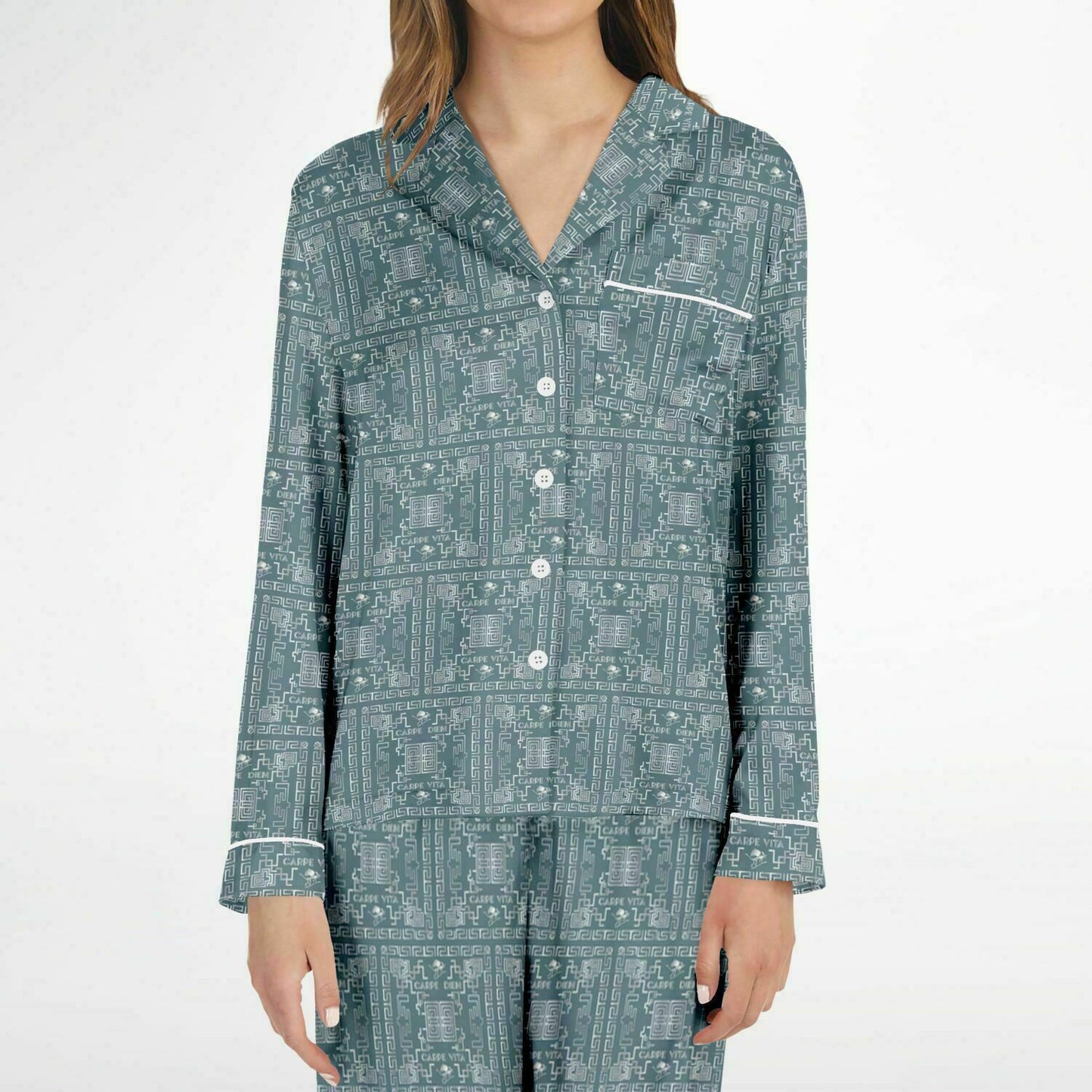 Women's Satin Pajamas - AOP Kukloso Greek Border No 41 No 5 Carpe Diem Silver on Blue-Green - Free Shipping