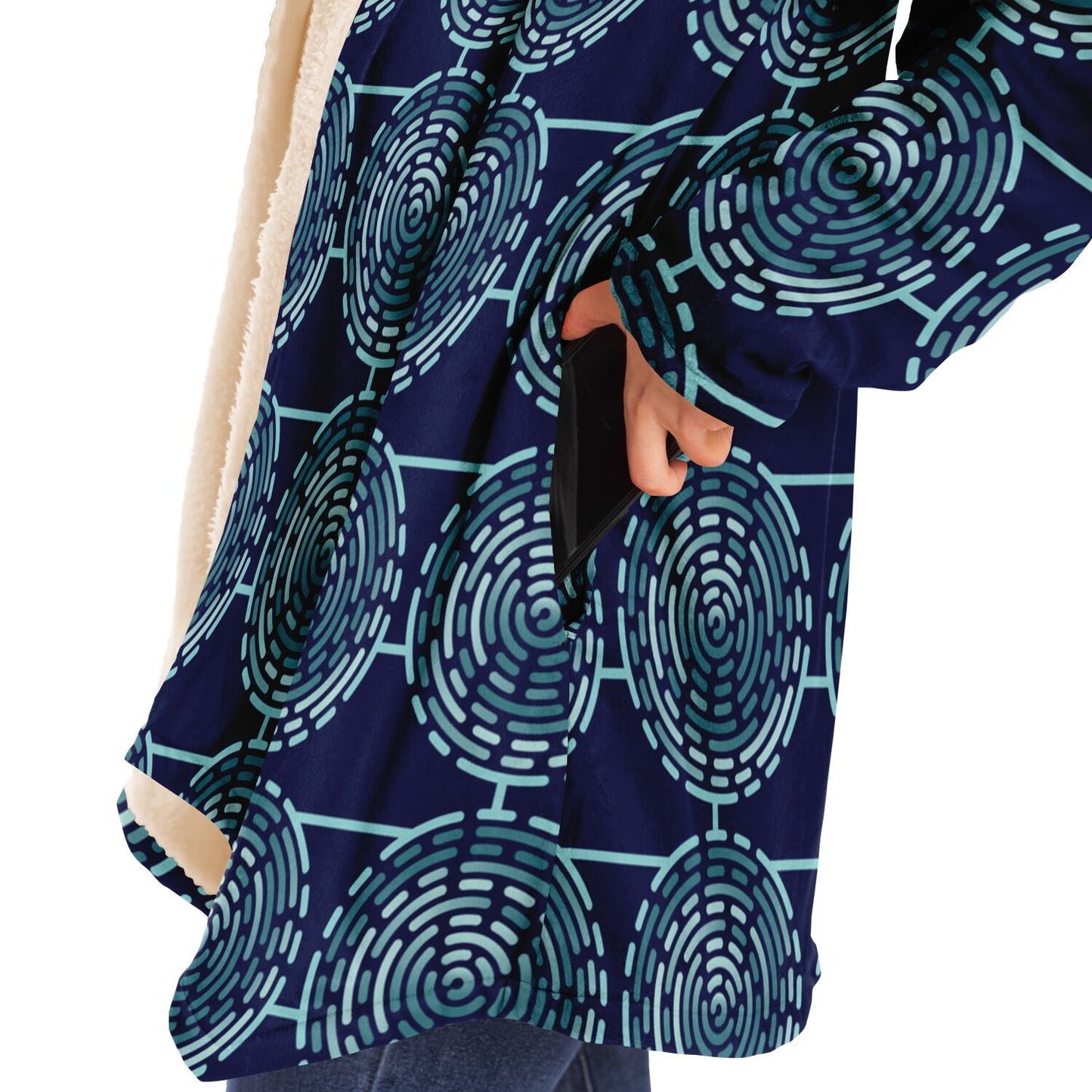 Microfleece Cloak - AOP Kukloso Whimsical No 67 Aqua colored Mandala design on Navy - Free Shipping