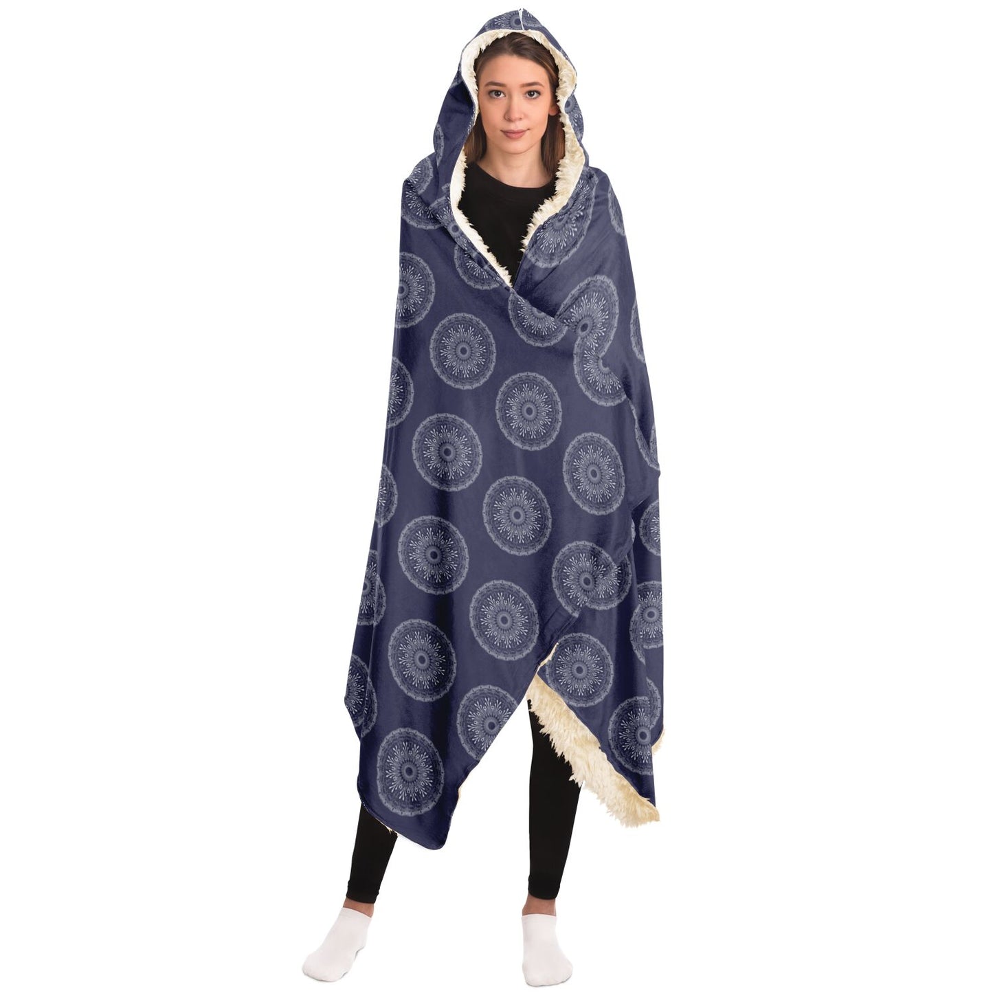 Hooded Blanket - AOP Mandala No 1 White on Pastel Navy