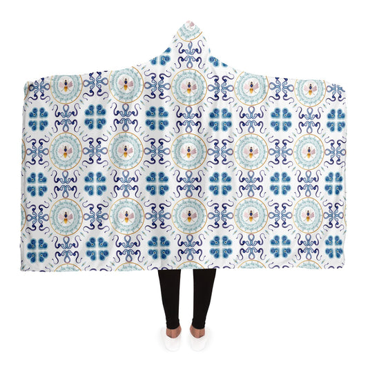 Hooded Blanket - AOP Mandala No 154 No 3 Aqua & Blue on White