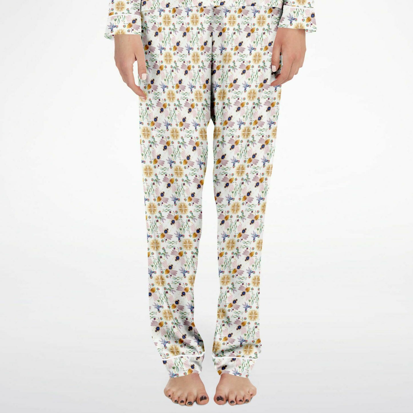 Women's Satin Pajamas - AOP Kukloso Queen Bee No 27 Multicolored bees & abstract floral shapes on White - Free Shipping