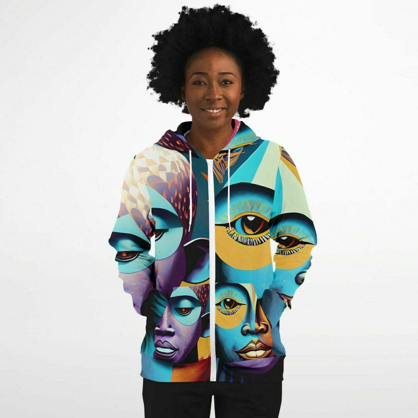 Fashion Zip-Up Hoodie - AOP Kukloso Cubist Faces No 2 Multicolored - Free Shipping