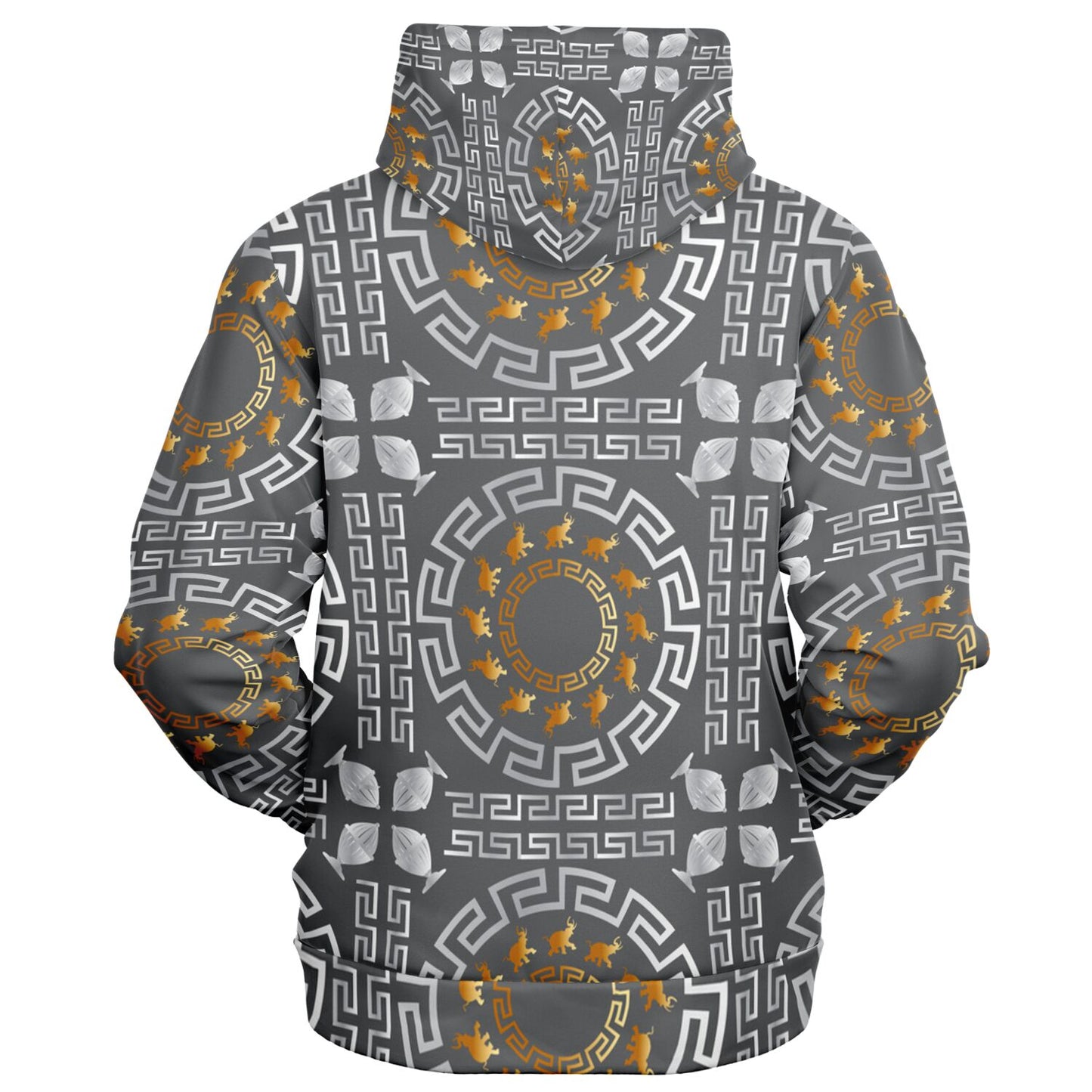 Fashion Zip-Up Hoodie - AOP Kukloso Greek Border with Elephant  No 40 Silver & Gold on Gray - Free Shipping