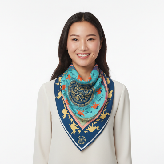 100% Silk Charmeuse Square Scarf Ganesha Gold Aqua Blue Mandala No 3