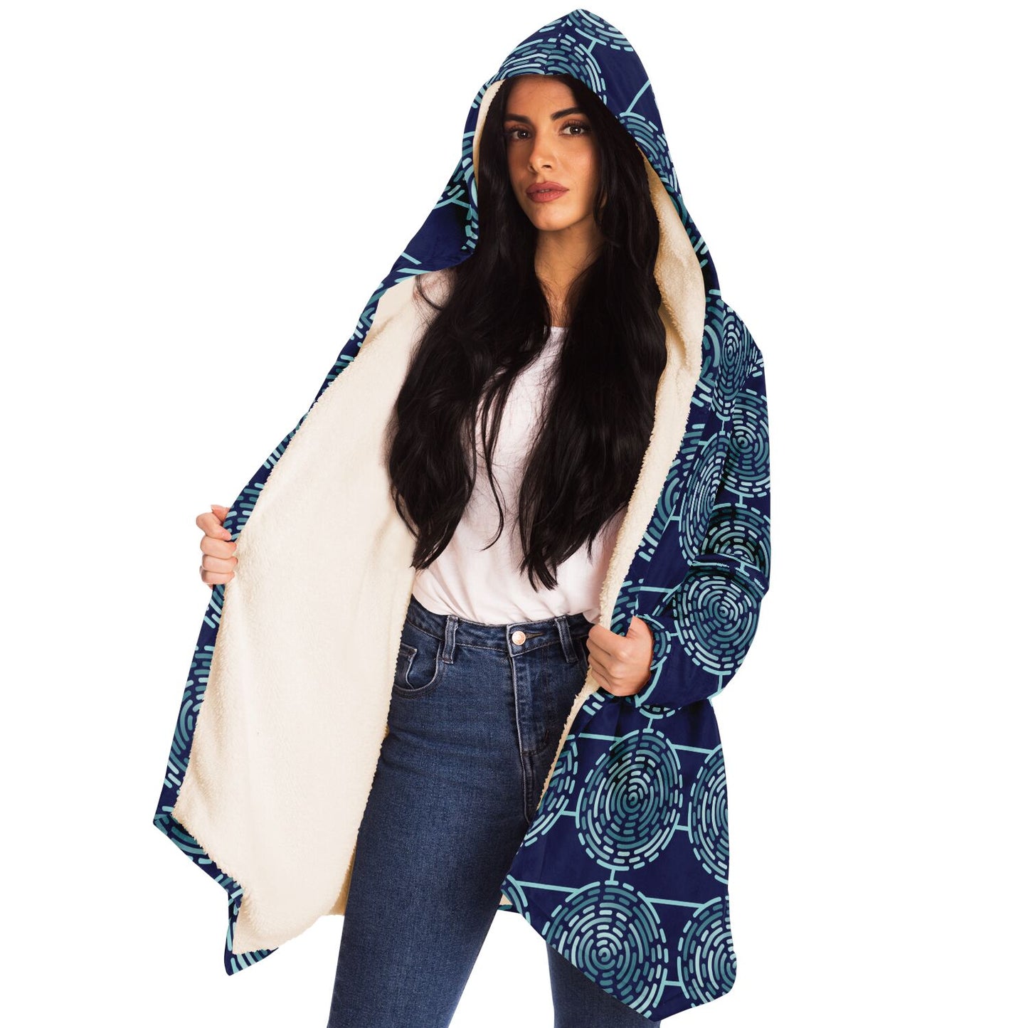 Microfleece Cloak - AOP Kukloso Whimsical No 67 Aqua colored Mandala design on Navy - Free Shipping