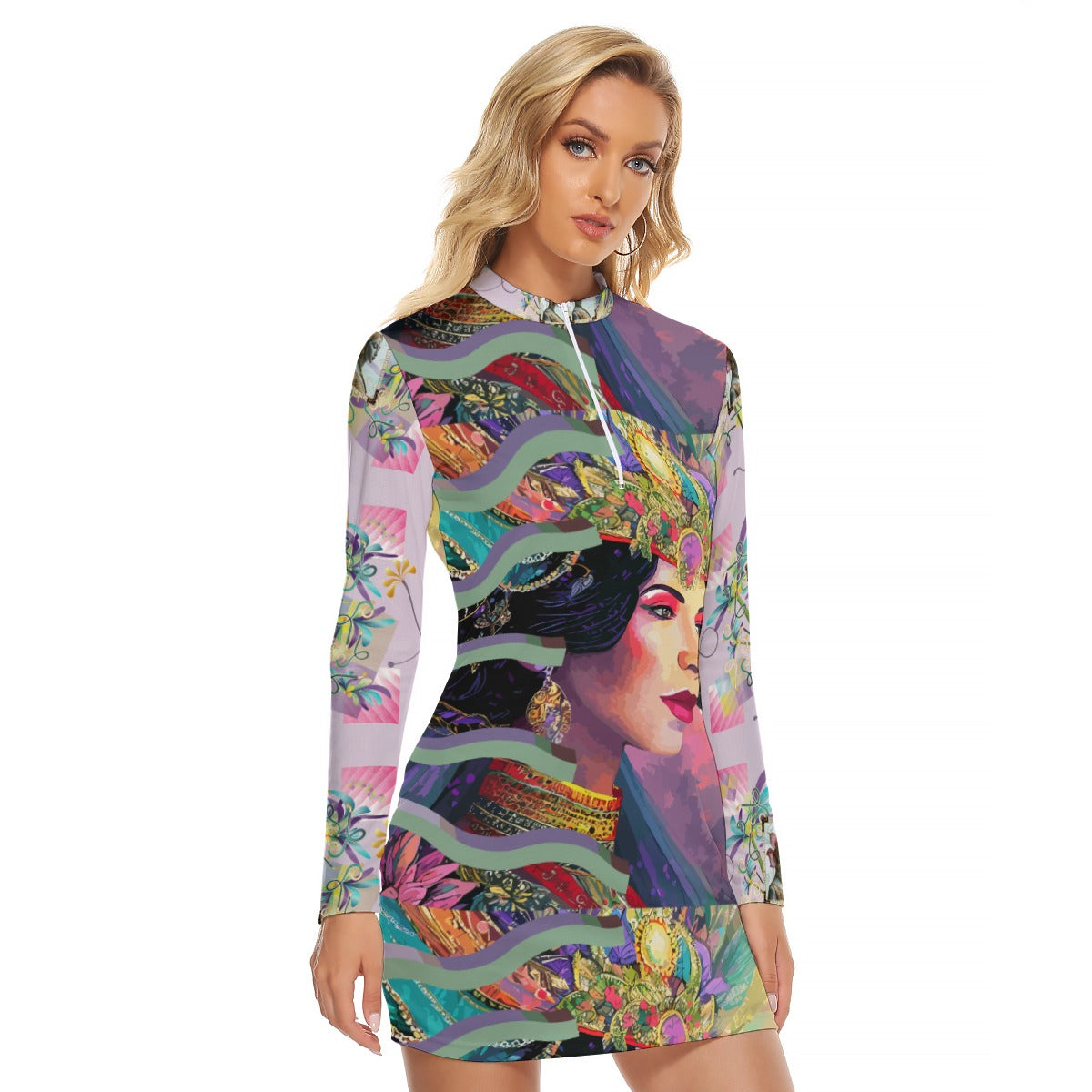 All-Over Print Women's Zip Front Tight Dress Kukloso Abstract No 45