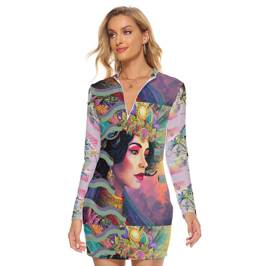 All-Over Print Women's Zip Front Tight Dress Kukloso Abstract No 45