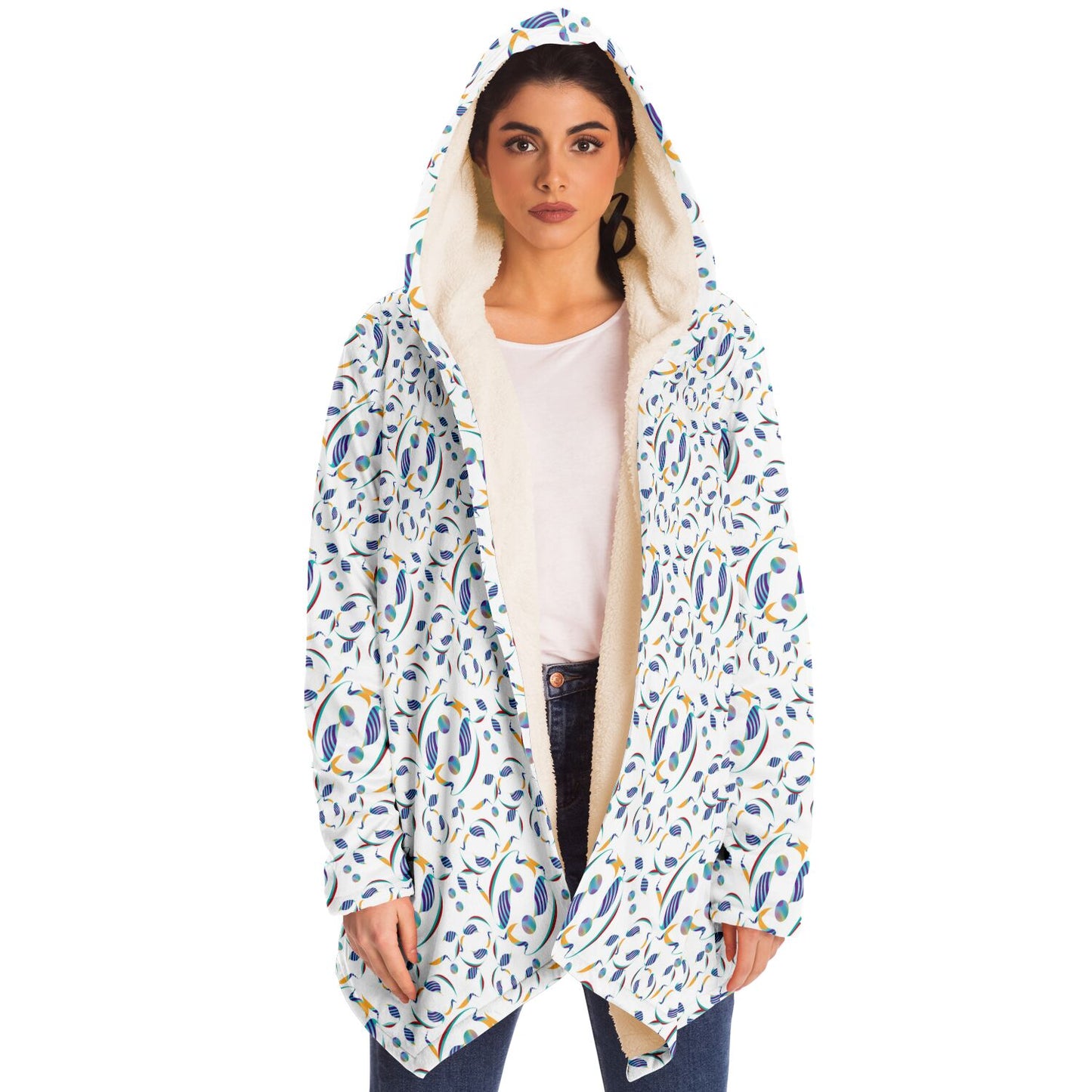 Microfleece Cloak - AOP  Kukloso Whimsical No 80 Abstract shapes, Aqua, Navy Yellow on White - Free Shipping