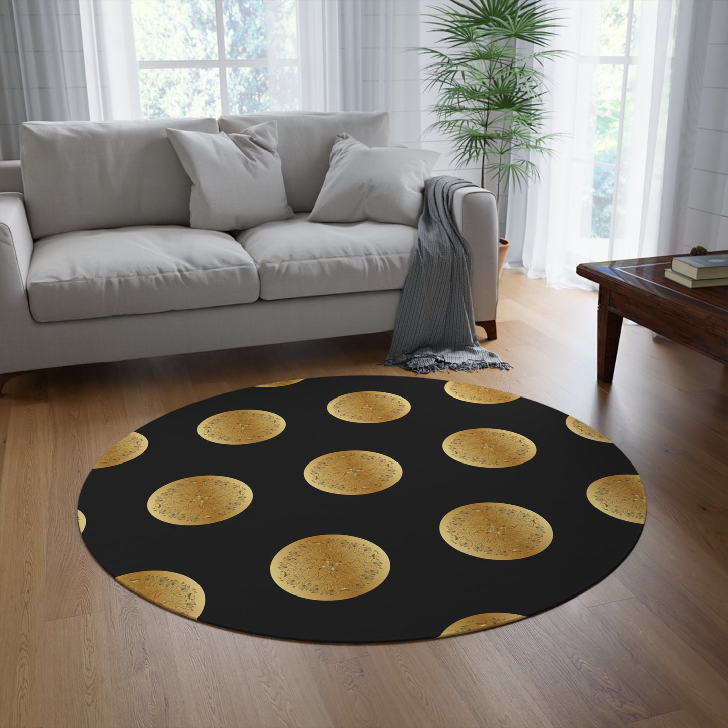 Round Rug Kukloso Mandala Gold Design on Black Free Shipping