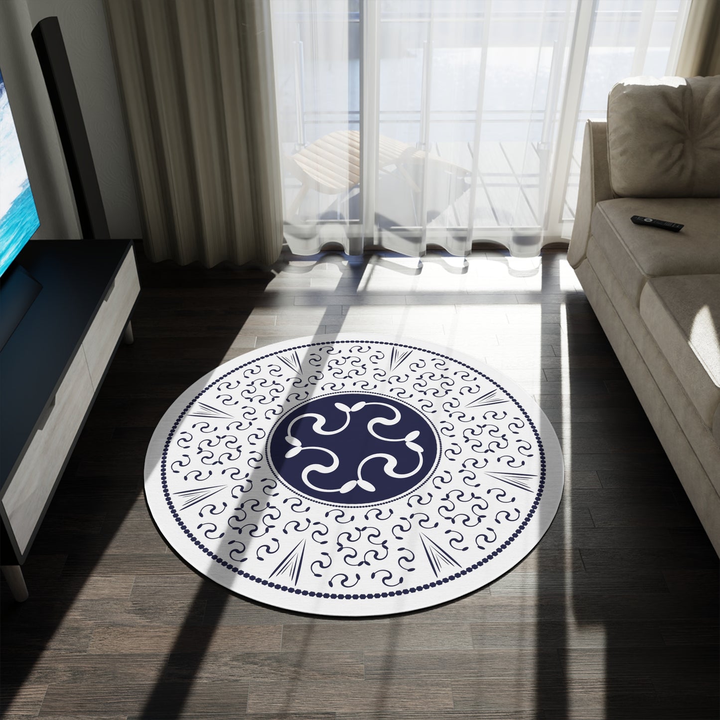 Round Rug Abstractical Mandala Navy Blue on White Free Shipping