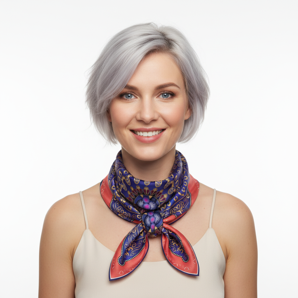 100% Silk Charmeuse Square Scarf Blue Mandala on Orange