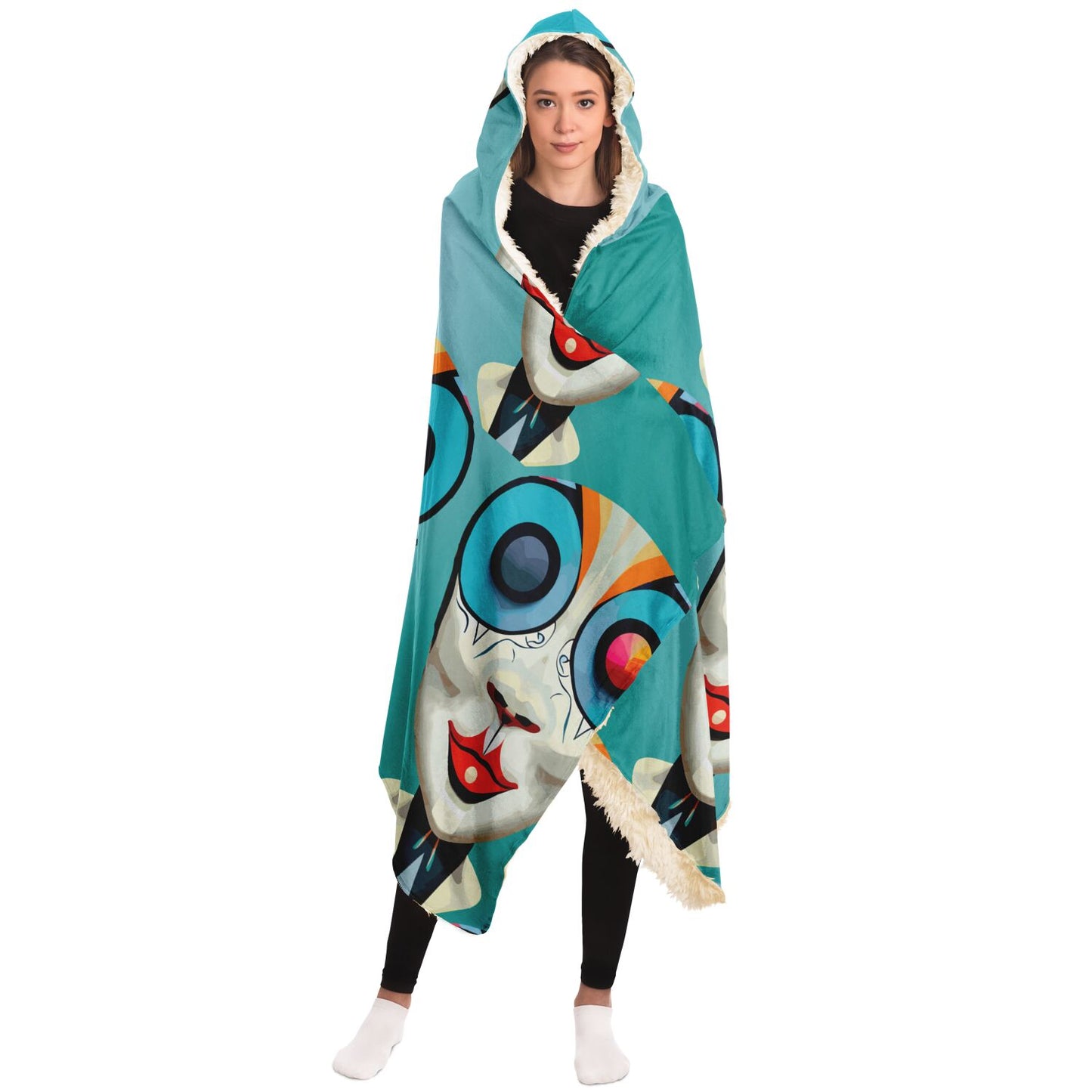 Hooded Blanket - AOP Kukloso Cubist Faces No 12 Blue Green- Free Shipping