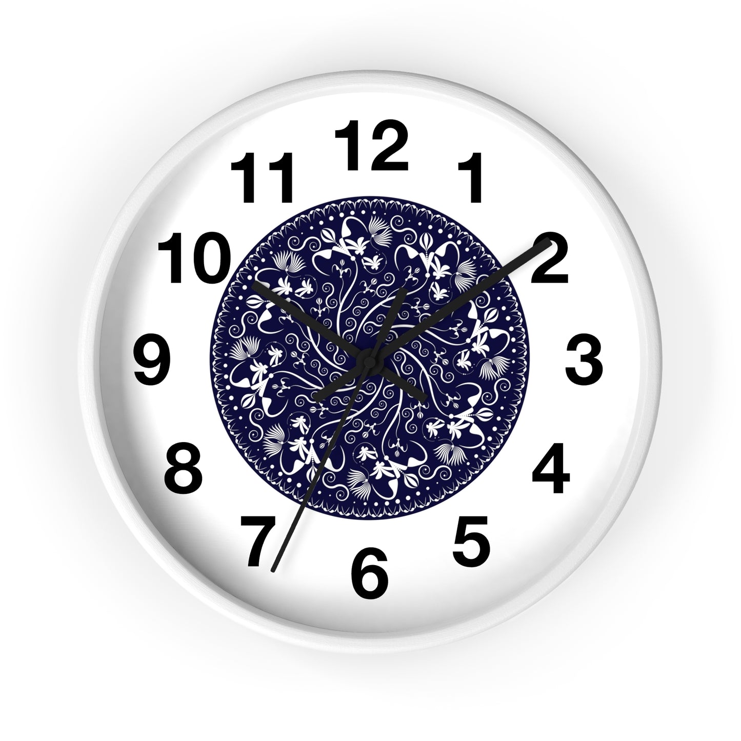 Wall Clock Kukloso Mandala No 155 White Florals on Navy - Free Shipping