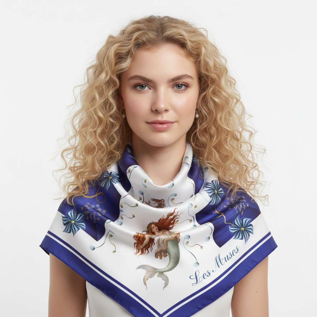 100% Silk Charmeuse Square Scarf Les Muses in Blue
