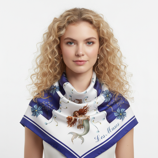 100% Silk Charmeuse Square Scarf Les Muses in Blue