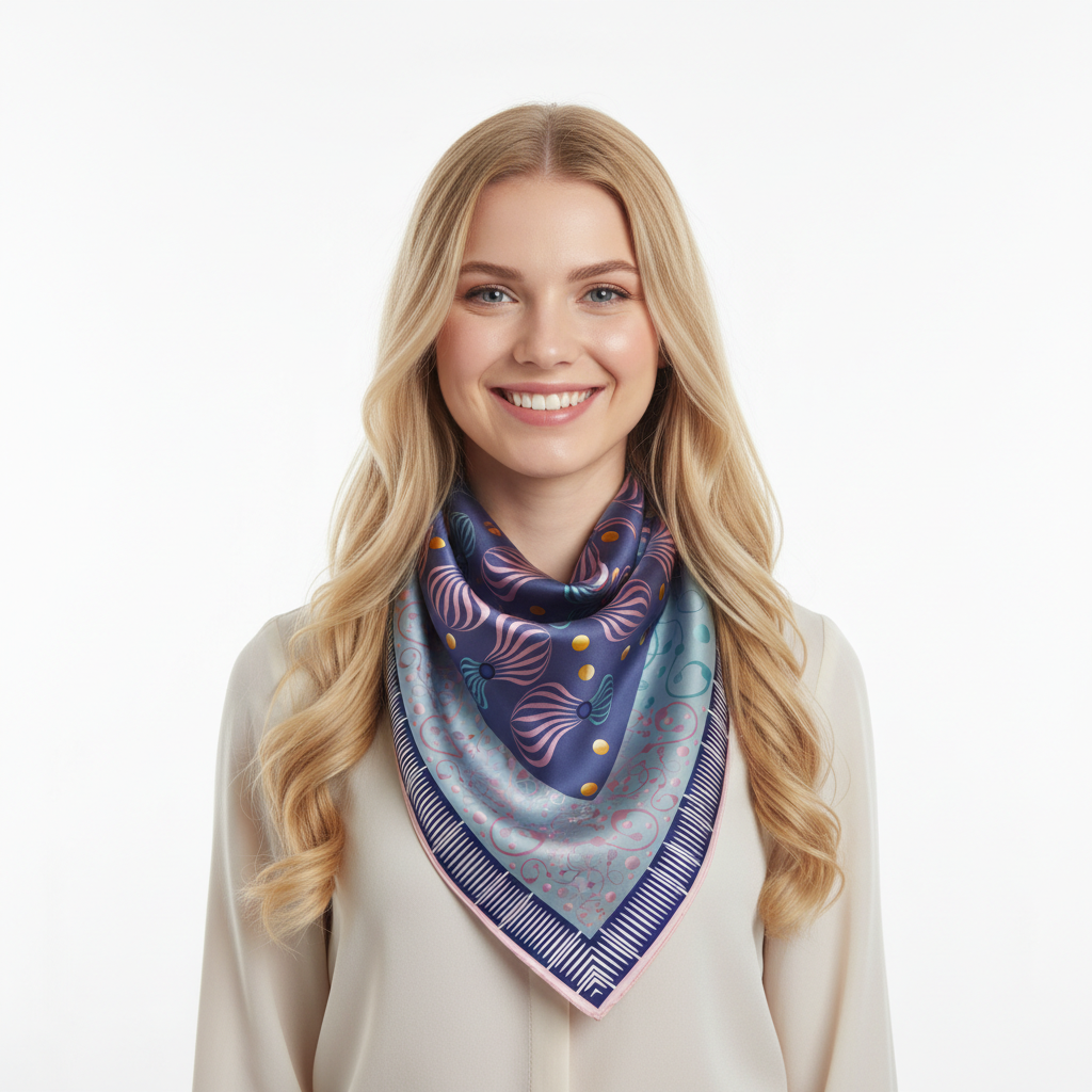 100% Silk Charmeuse Square Scarf Graphic Spirals Aqua and Pink