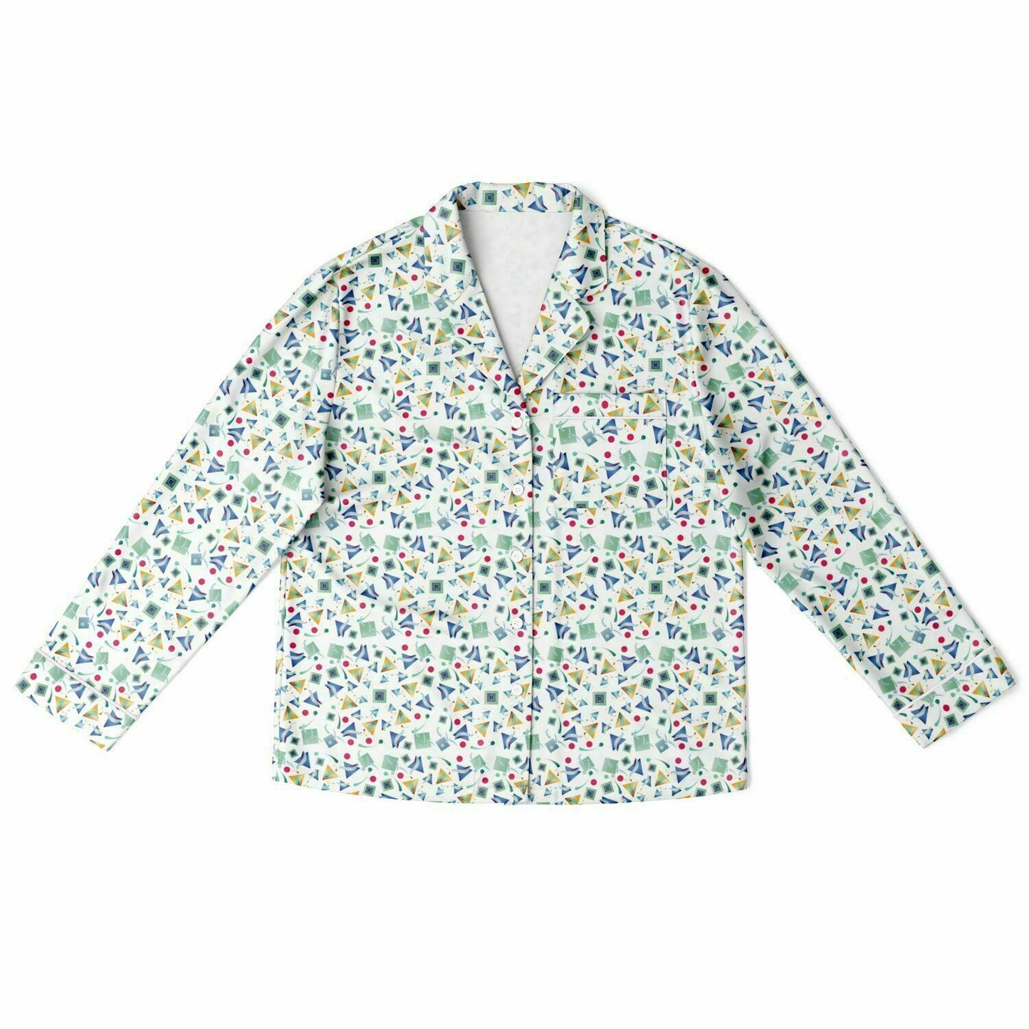 Women's Satin Pajamas - AOP Kukloso Whimsical No 11 Multi-Geometrical shapes & colors on White - Free Shipping
