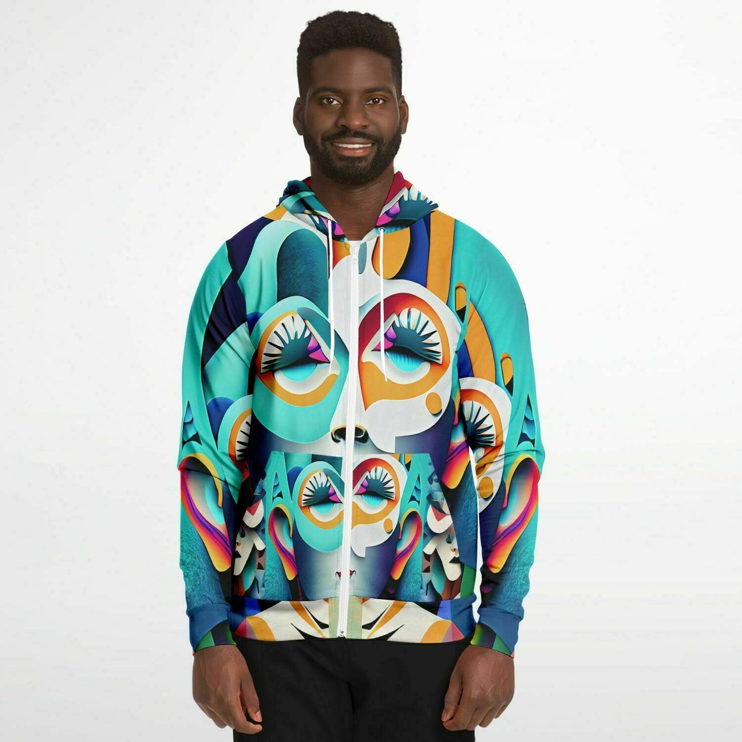 Fashion Zip-Up Hoodie - AOP Kukloso Cubist Faces No 7 Multicolored - Free Shipping