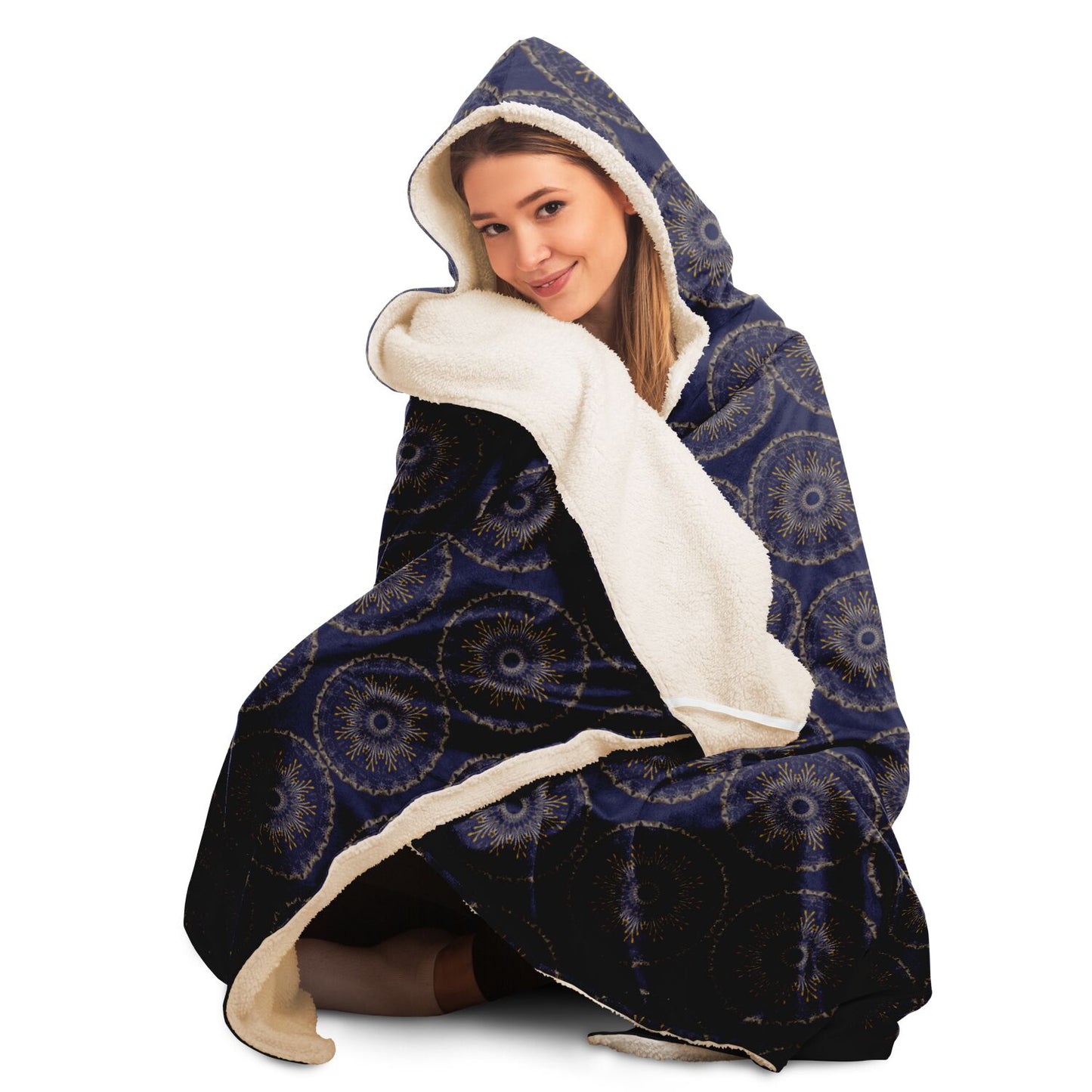 Hooded Blanket - AOP Mandala No 1 Gold on Dark Navy