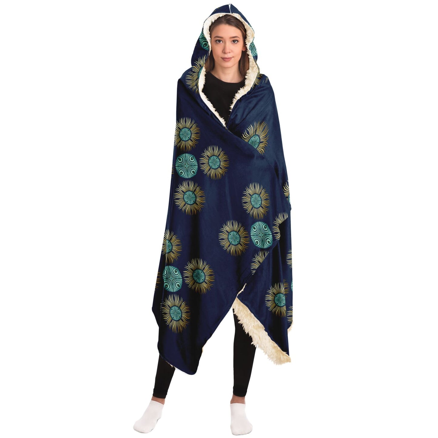 Hooded Blanket - AOP Mandala No 8 Gold, Aqua on Dark Teal