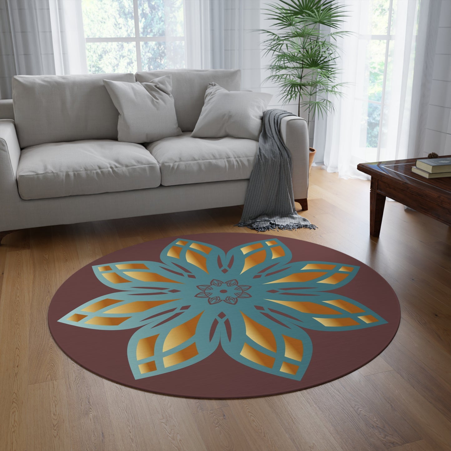 Round Rug Kukloso Mandala No 137 No 2 Aqua, Gold on Cocoa Free Shipping