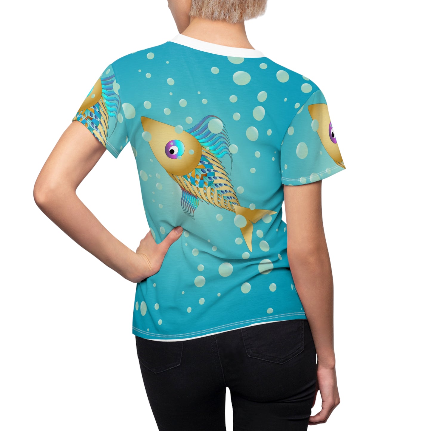 Women's Cut & Sew Tee (AOP) Kukloso Aqua Fish Abstract - Free Shipping