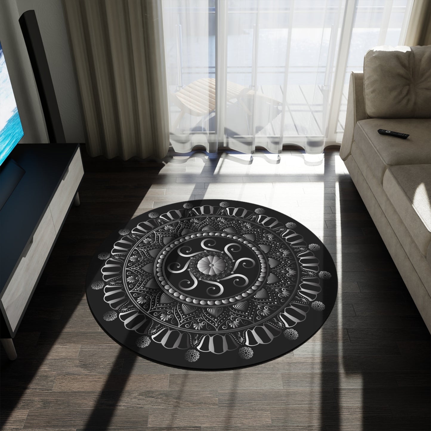 Round Rug Kukloso No 4319 Silver Mandala on Black Free Shipping