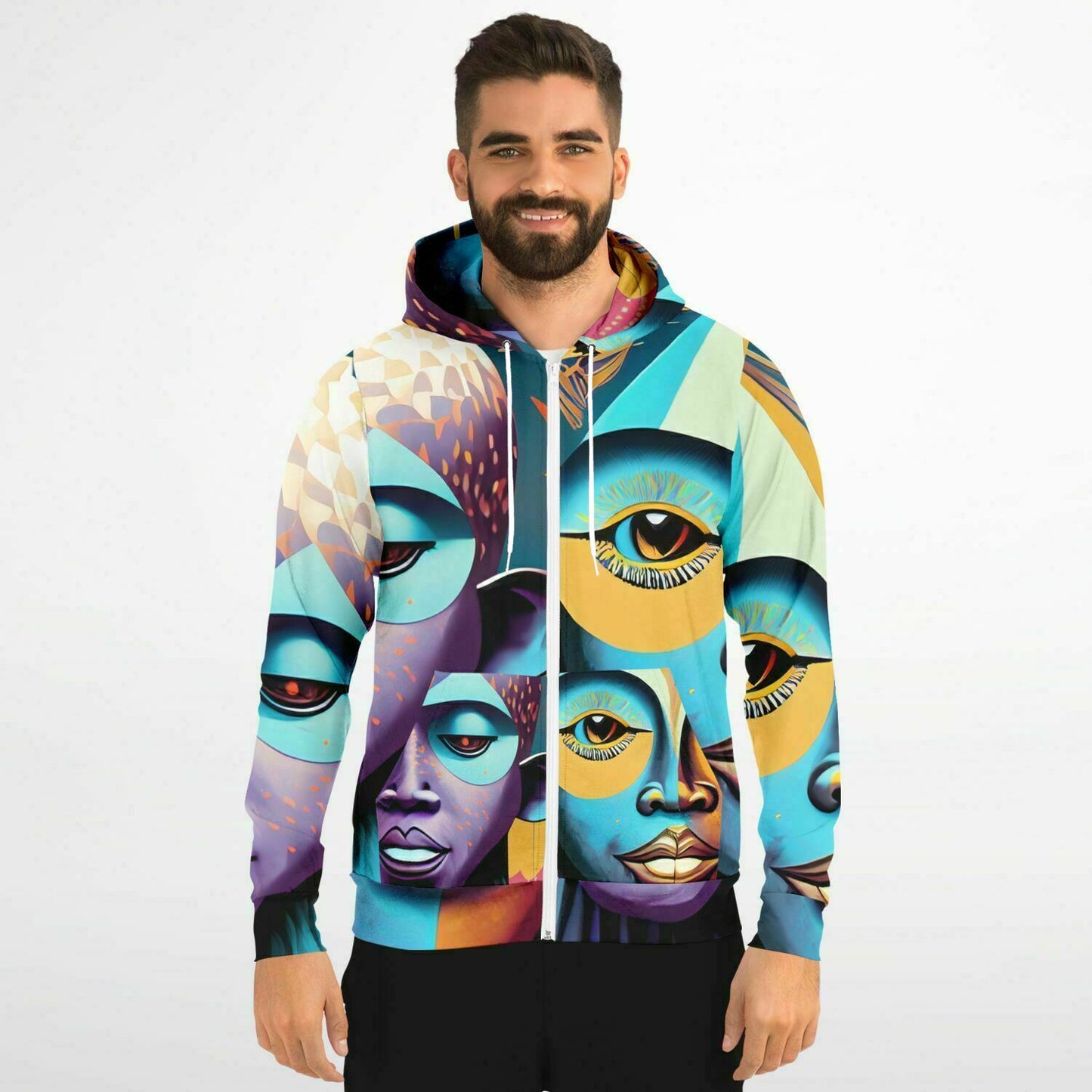 Fashion Zip-Up Hoodie - AOP Kukloso Cubist Faces No 2 Multicolored - Free Shipping