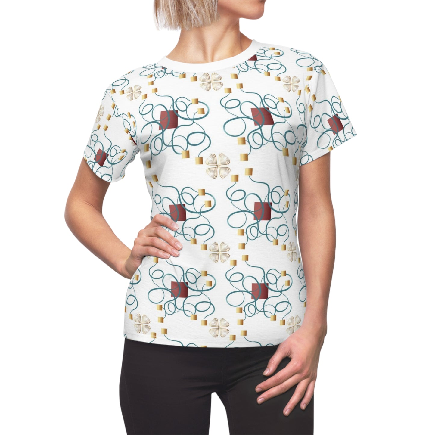 Women's Cut & Sew Tee (AOP) Kukloso Abstractical No 67 Gold, Aqua, Copper on White - Free Shipping