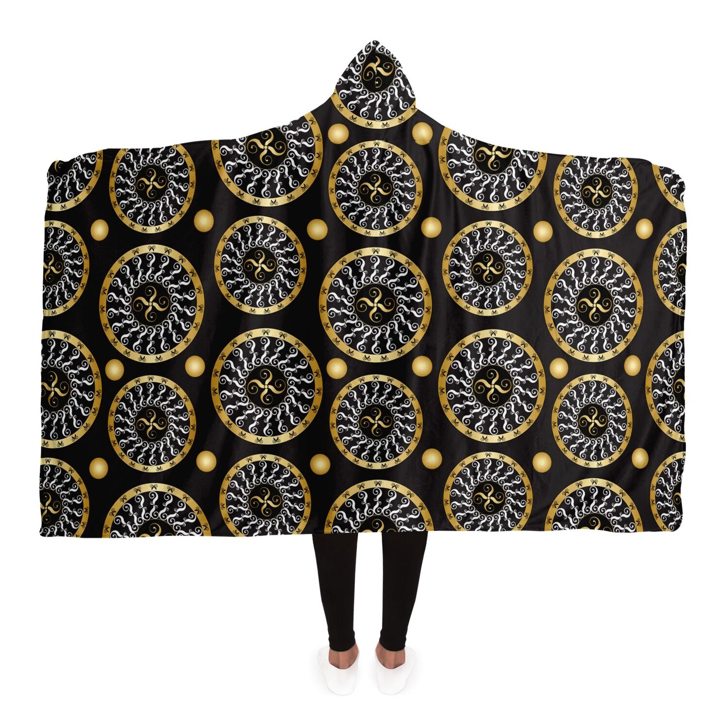 Hooded Blanket - AOP Kukloso Abstractical No 173 Mandala Design Gold & White on Black - Free Shipping