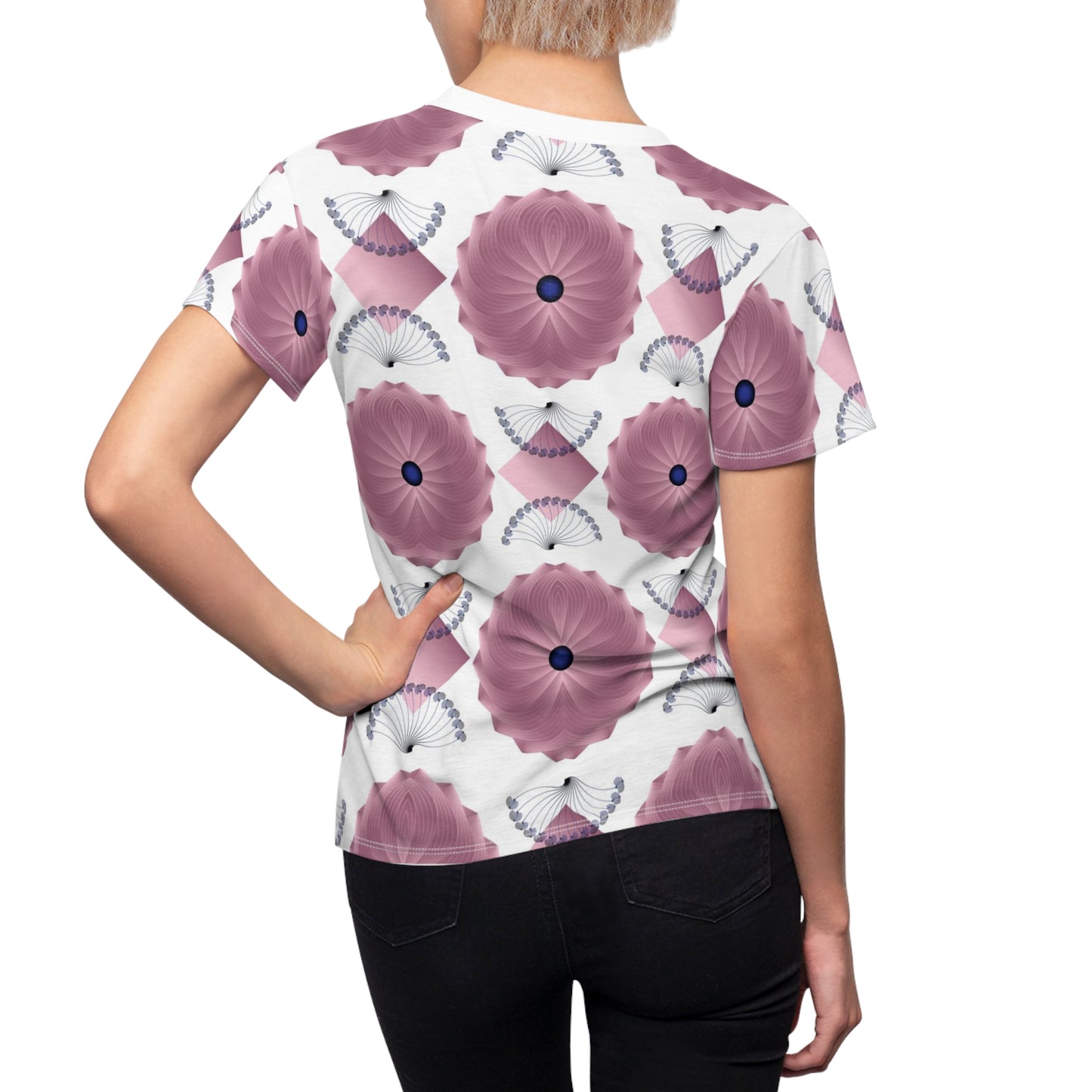 Women's Cut & Sew Tee (AOP) Kukloso AG No 29 No 8 Pink, Navy Shapes on White - Free Shipping