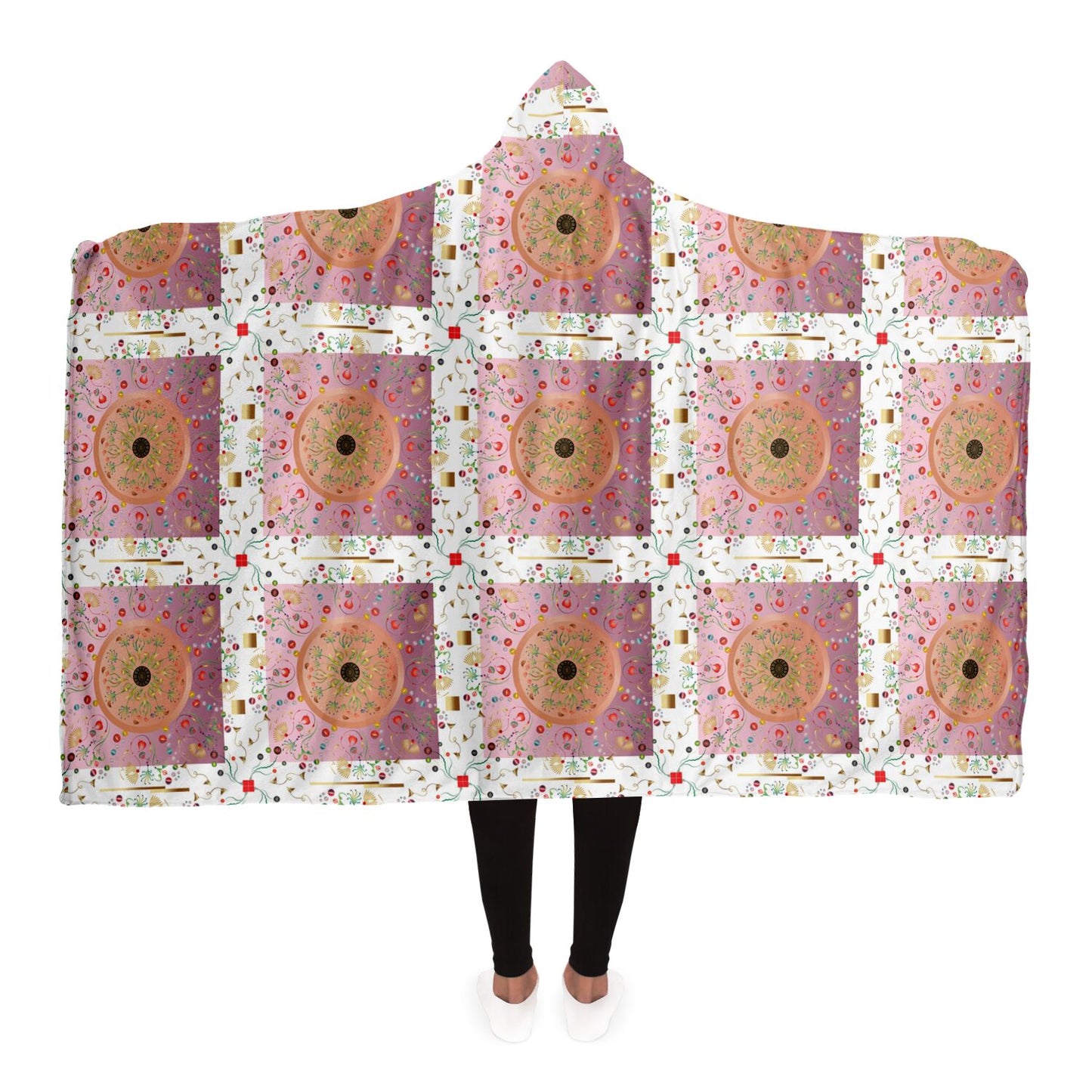 Hooded Blanket - AOP Mandala No 148 No 10 Pink, Gold Abstract Florals on White