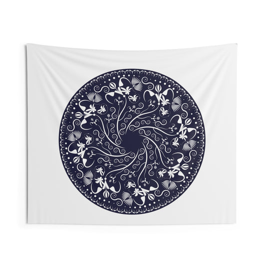 Indoor Wall Tapestries Kukloso Mandala No 155 No 4 Intricate White Floral Design on Navy -- Free Shipping