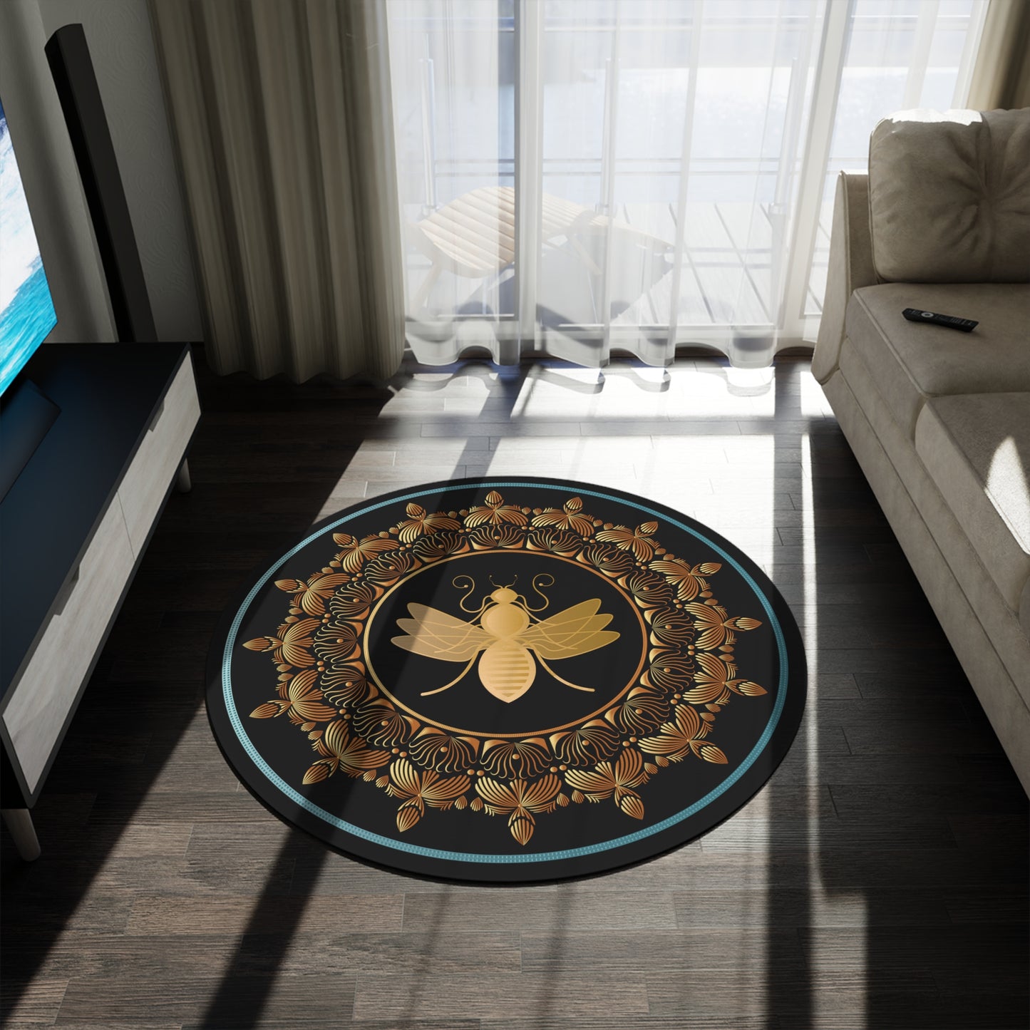 Round Rug Kukloso 4391-A  Mandala Queen Bee Gold on Black Free Shipping