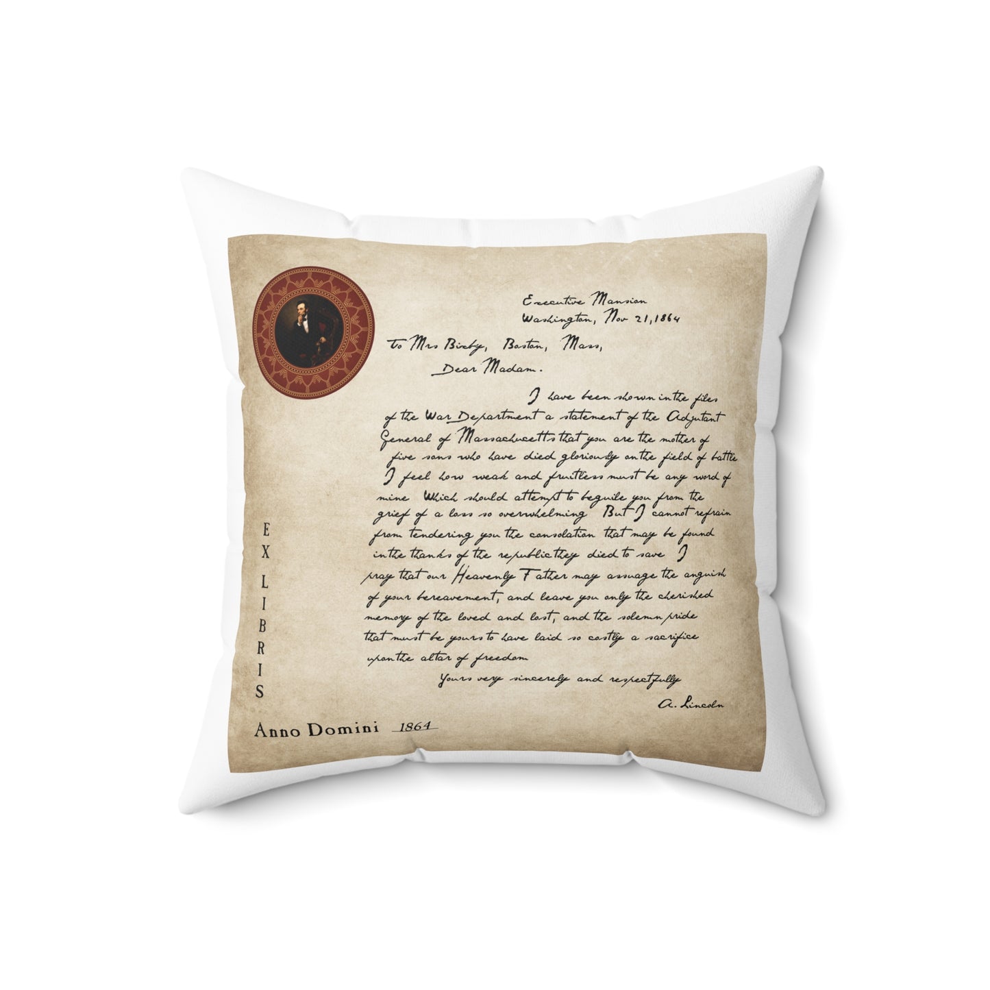 Spun Polyester Square Pillow Kukloso 'The Bixby Letter', Abraham Lincoln, 1864 - Arguably the greatest piece of American prose. - Free Shipping