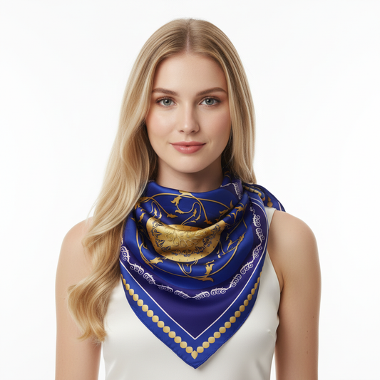 100% Silk Charmeuse Square Scarf Mandala Blue and Gold