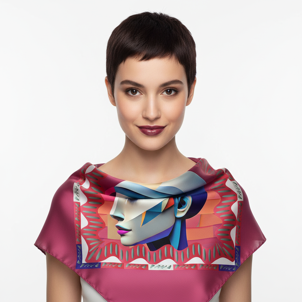 100% Silk Charmeuse Square Scarf Modern Cubist Lady