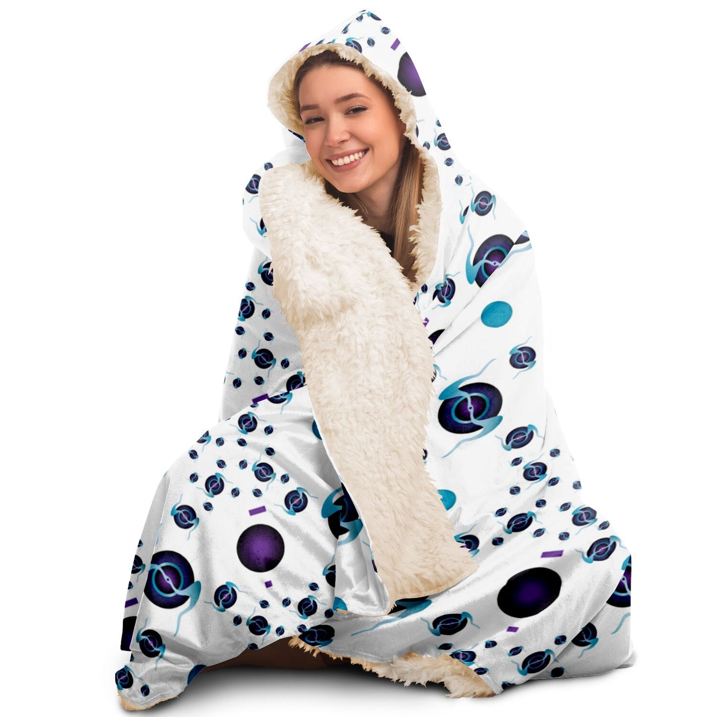 Hooded Blanket - AOP Kukloso Abstractical No 225 Dark Purpla, Aqua Shapes on White - Free Shipping